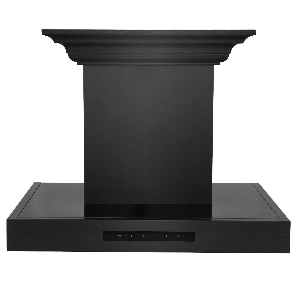Black wall mount range hood with crown-style chimney and control panel