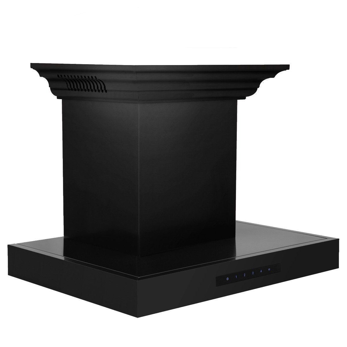 Black wall mount range hood underside with vent slots and control lights