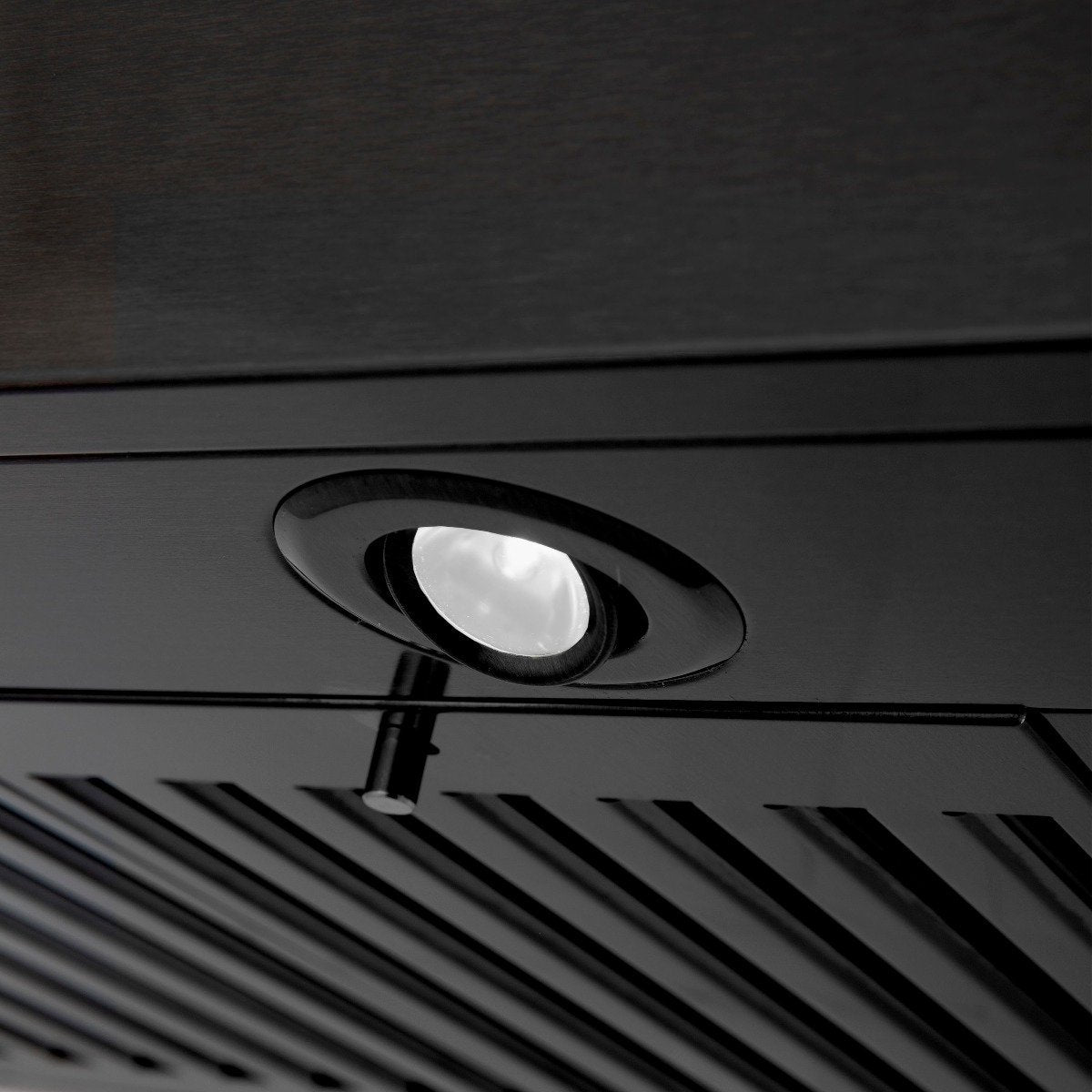 Black wall mount range hood spotlight detail with circular bezel