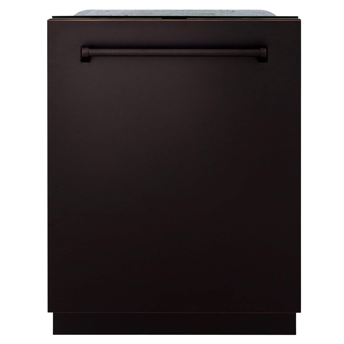 Oil-rubbed bronze dishwasher front with black handle and touch control bar
