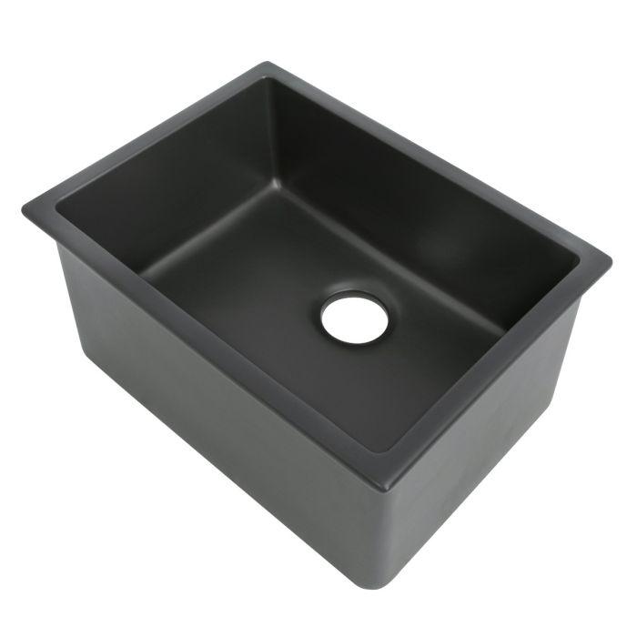 Charcoal single-bowl kitchen sink with square corners and centered drain hole