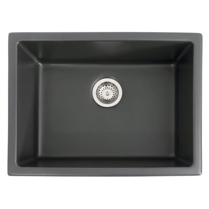 Charcoal single-bowl kitchen sink with round drain opening and smooth interior
