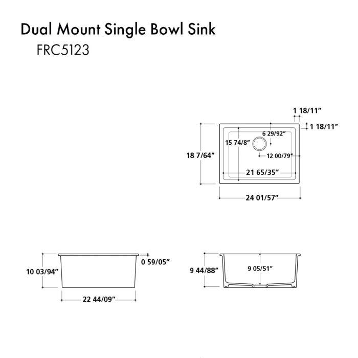 White single-bowl fireclay kitchen sink, dual-mount design, with size diagram