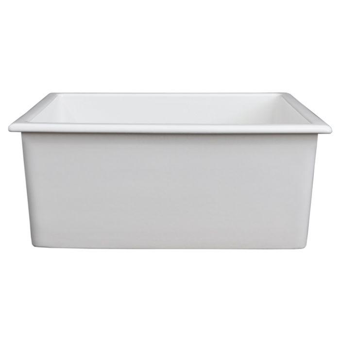 White gloss fireclay single-bowl kitchen sink, rectangular basin with rim