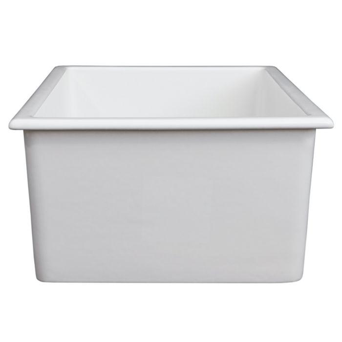 White single-bowl fireclay kitchen sink with raised rim and deep basin