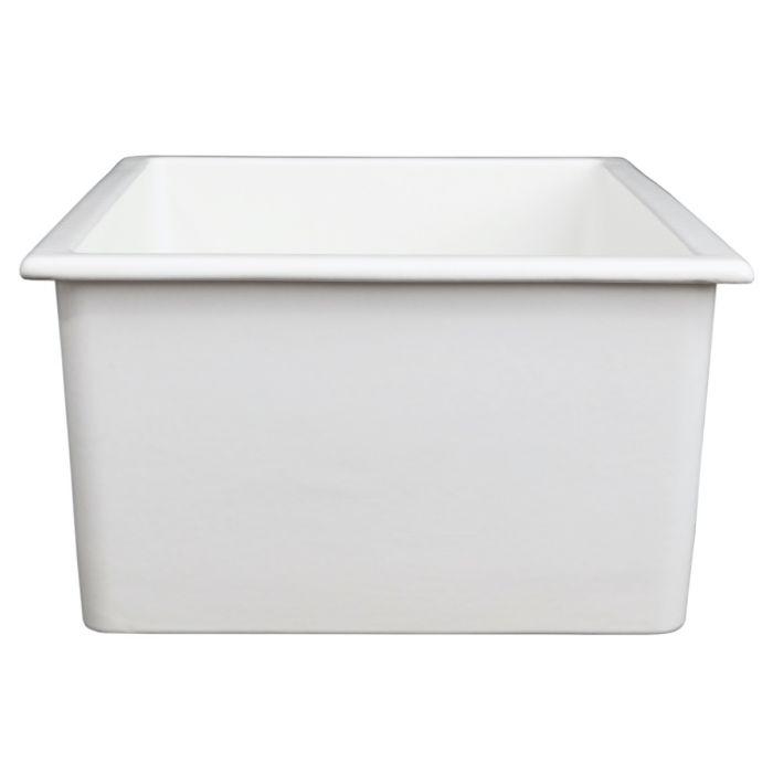White fireclay single-bowl kitchen sink with flat rim and rectangular basin