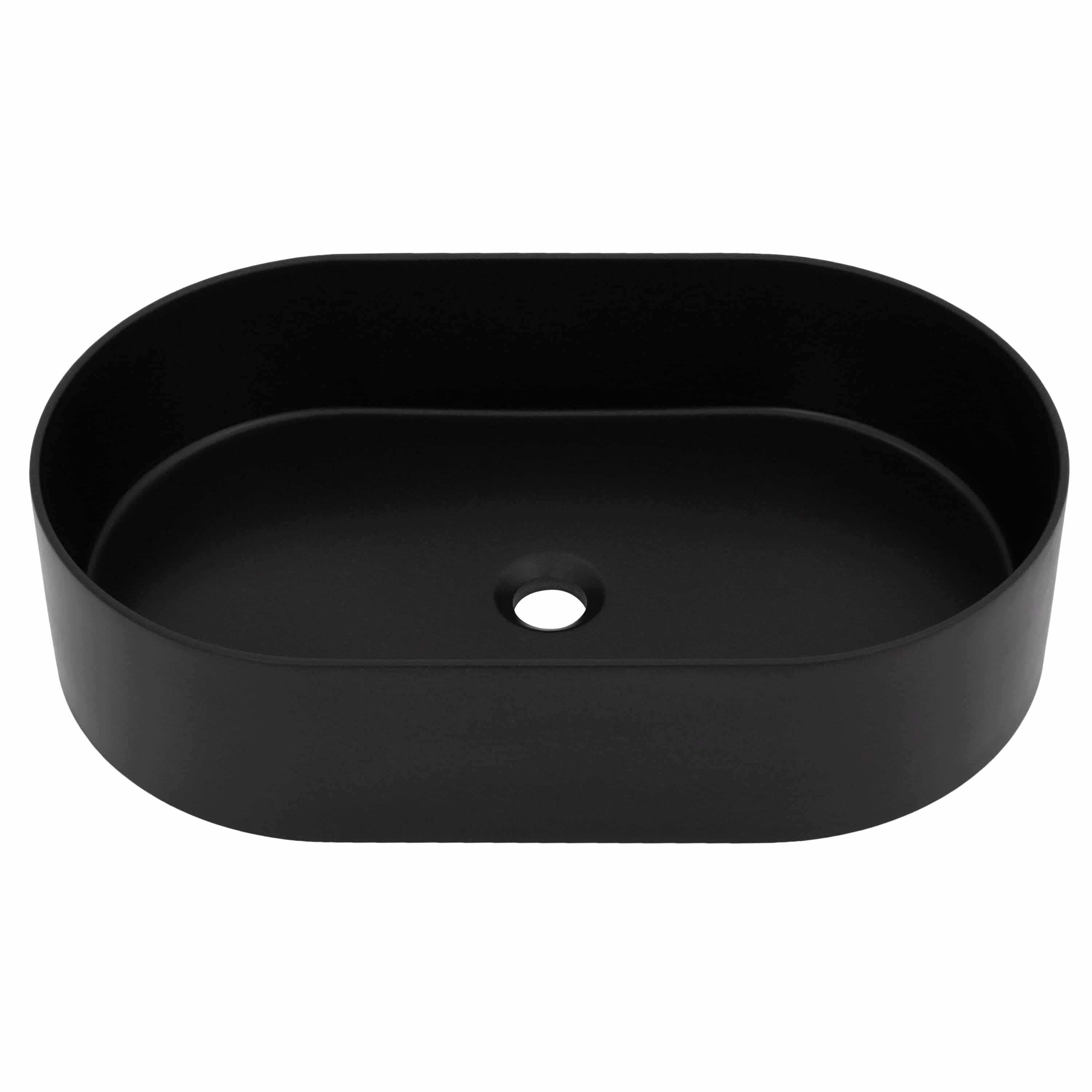 Matte black oval vessel bath sink with smooth rim and drain hole