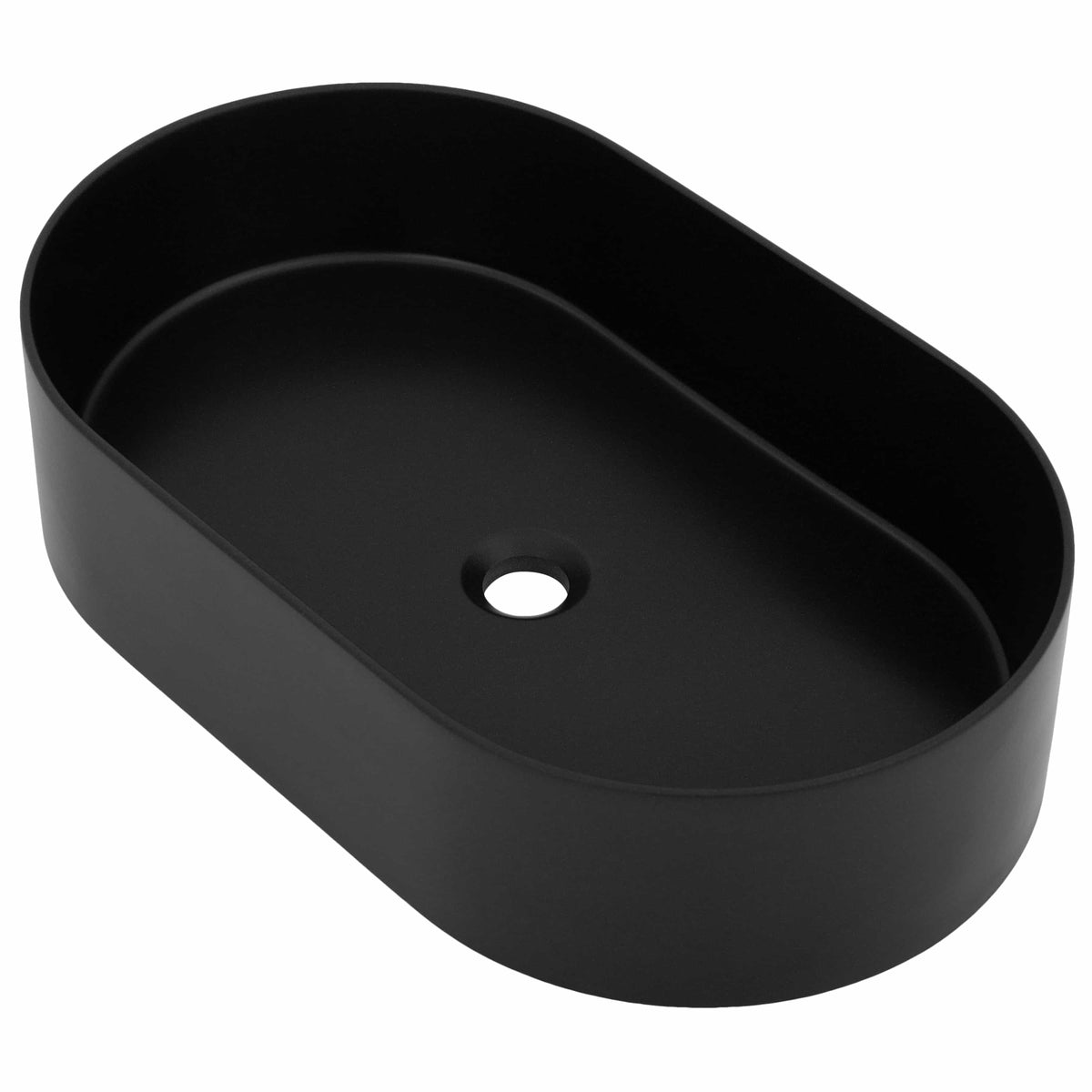 Matte black oval vessel sink with drain hole, angled view