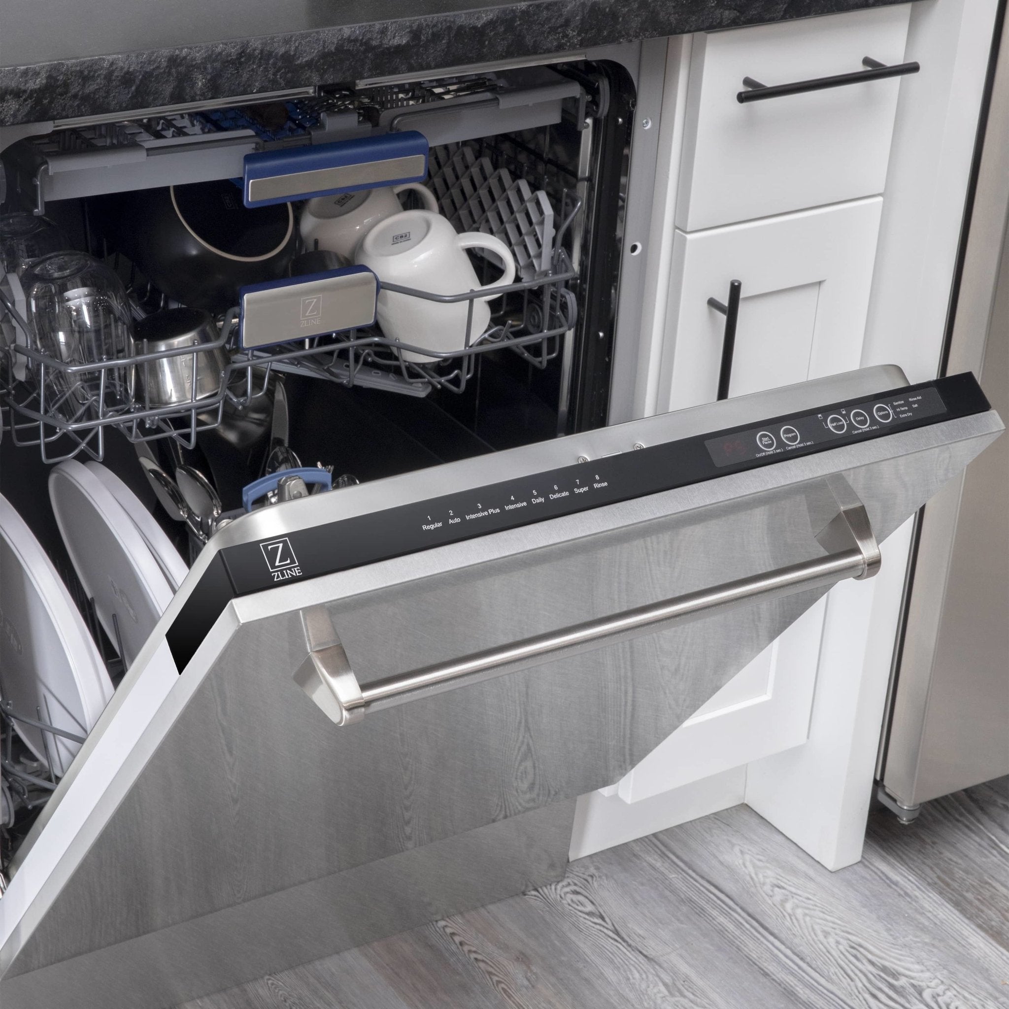 Tall tub dishwasher with control panel and front handle, door open