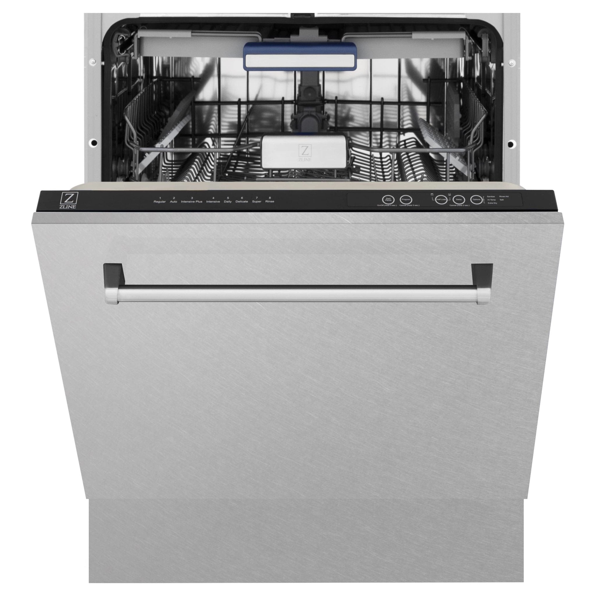 Tall tub dishwasher front open with control strip and racks visible