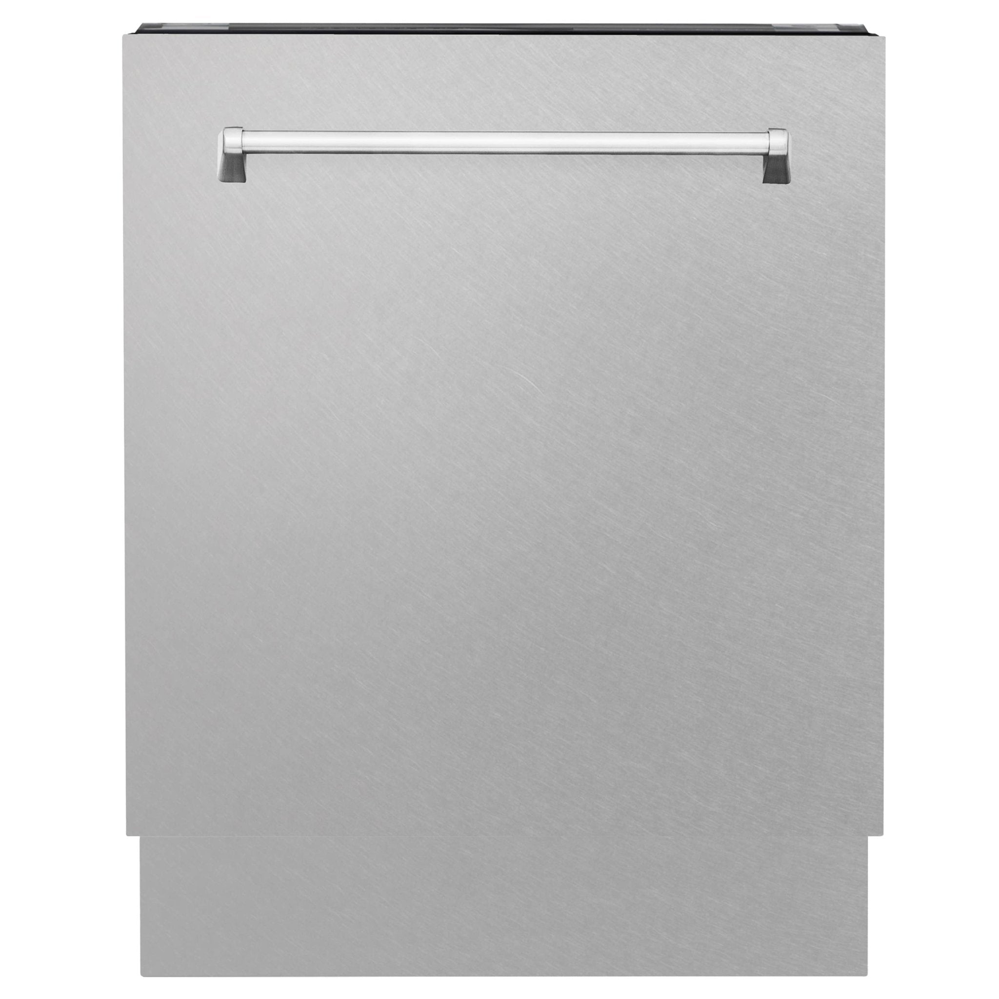 Tall tub dishwasher front view in satin stainless steel with handle