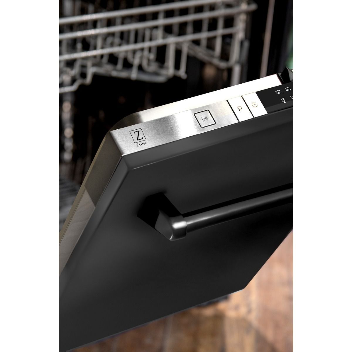 Black top-control dishwasher control panel with ZLINE logo and push buttons