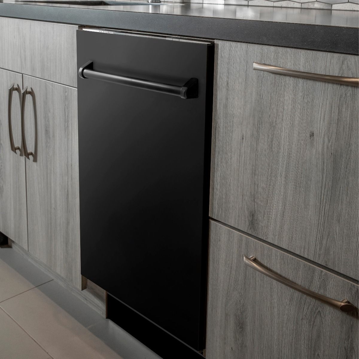 Built-in dishwasher front with top-control handle and black door panel