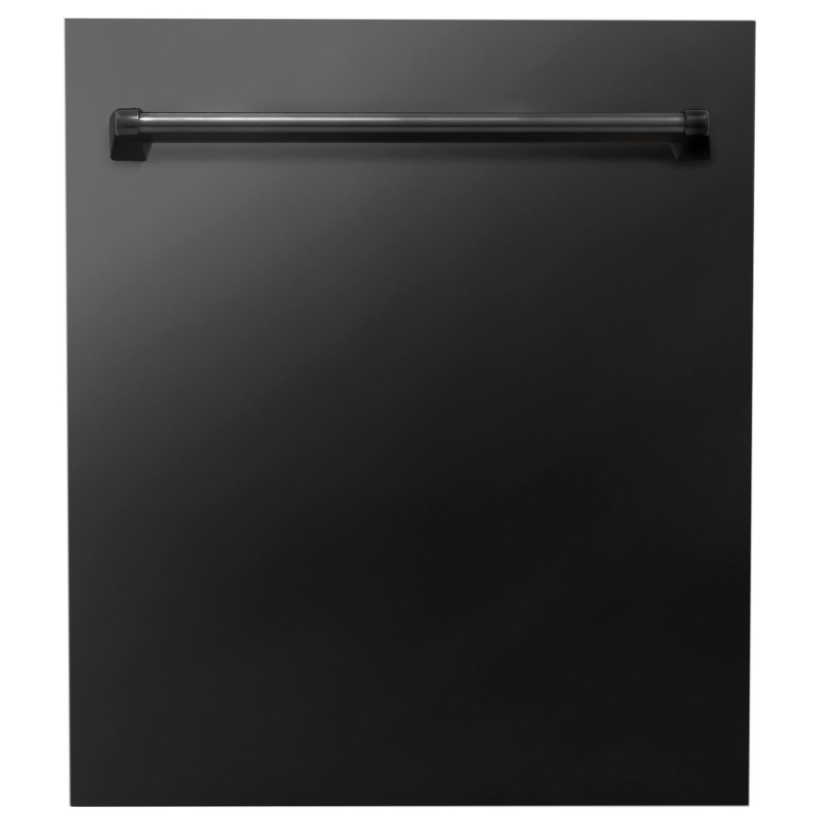 Black stainless steel top-control dishwasher door with horizontal metal handle