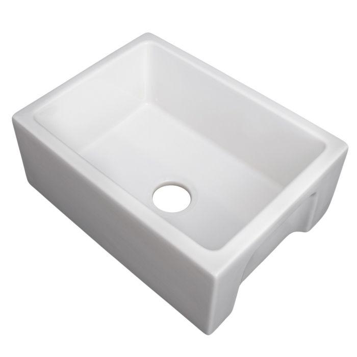 White fireclay single-bowl sink with centered drain hole, square corner basin