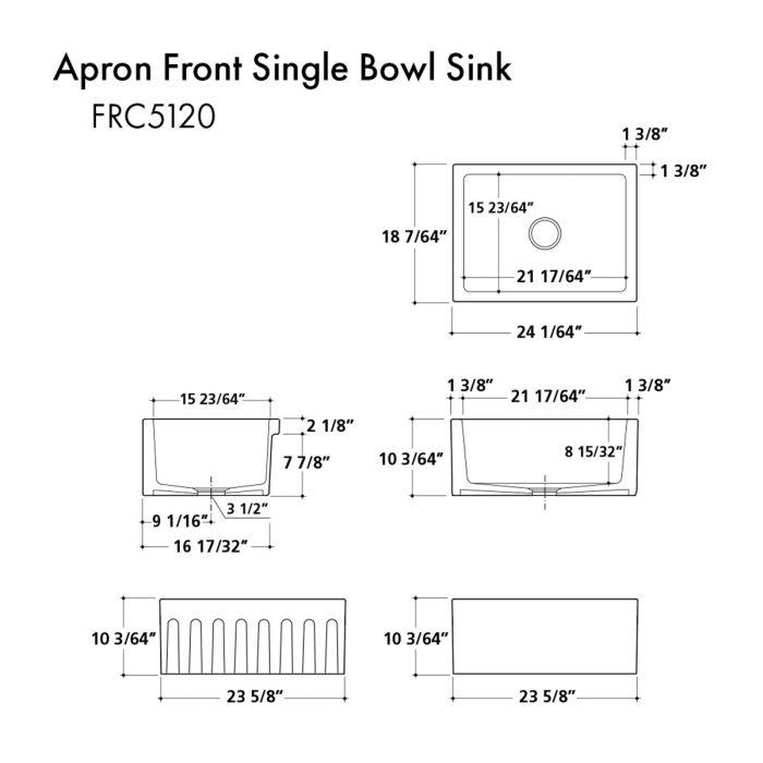 Technical line drawing of a white apron-front single-bowl sink with dimension lines