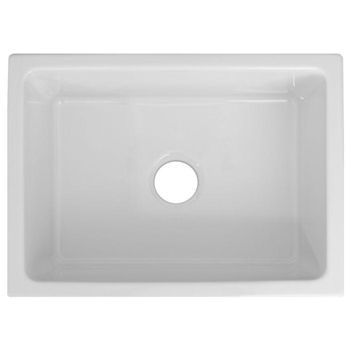 White single-bowl sink basin with centered round drain hole and smooth rectangular edges