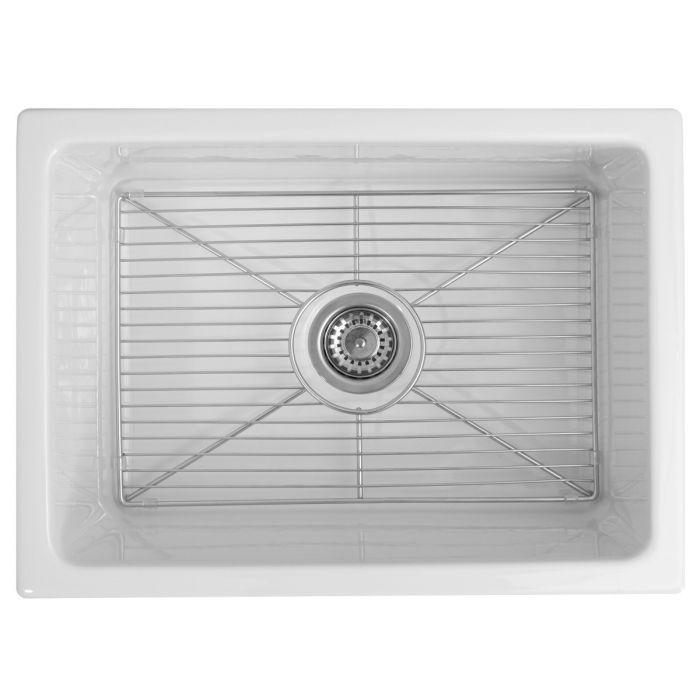 Rectangular white single-bowl fireclay sink with centered drain outlet and flat bottom