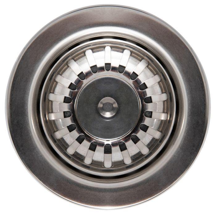Stainless sink drain strainer with circular perforations inside the white basin