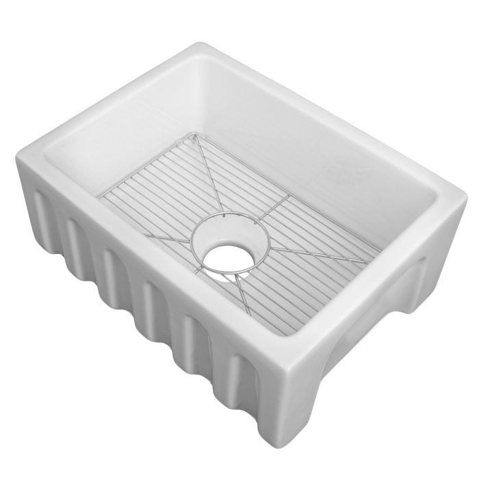 White single-bowl sink with wire bottom grid insert and circular drain opening