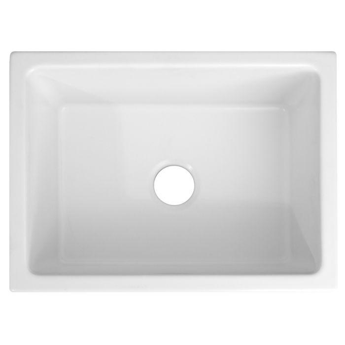White fireclay single-bowl sink with round drain hole