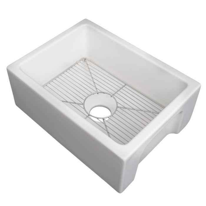 White single-bowl sink with chrome bottom grid and round drain strainer