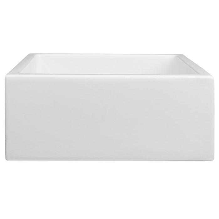 White matte rectangular single-bowl fireclay kitchen sink, front side view