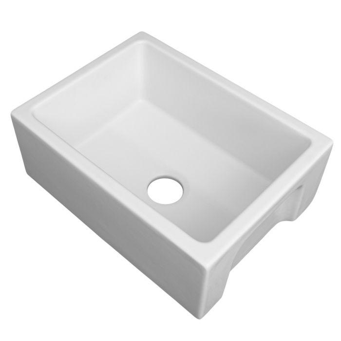White matte single-bowl fireclay sink with round drain hole, top view