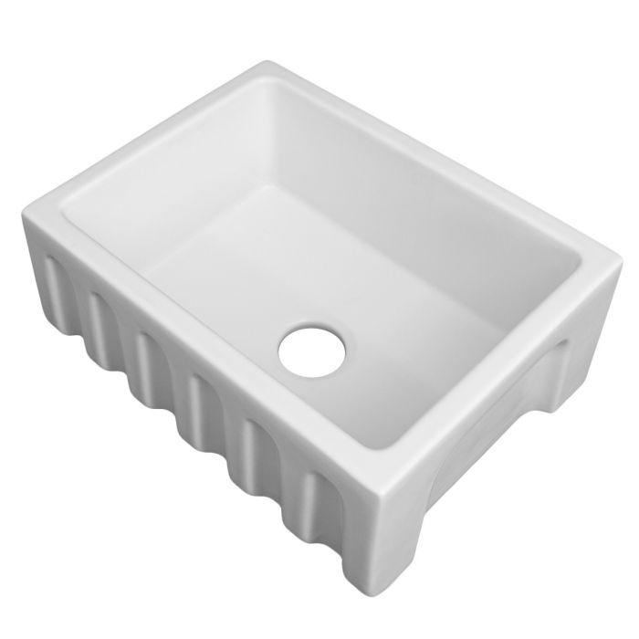 White matte single-bowl fireclay sink with apron front and round drain hole
