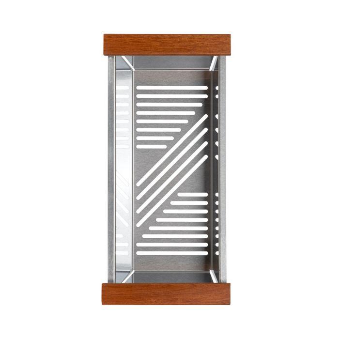 Stainless sink bottom rack insert with slotted pattern and wood end supports
