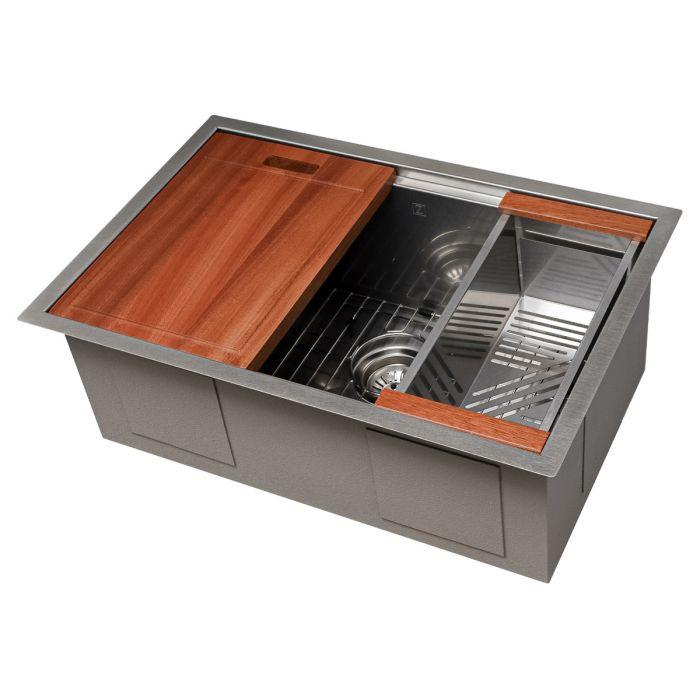 Stainless steel single-bowl sink with bottom grid and wood cutting board insert