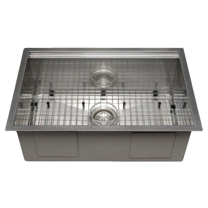 Stainless single-bowl sink with metal bottom grid and circular drain strainers