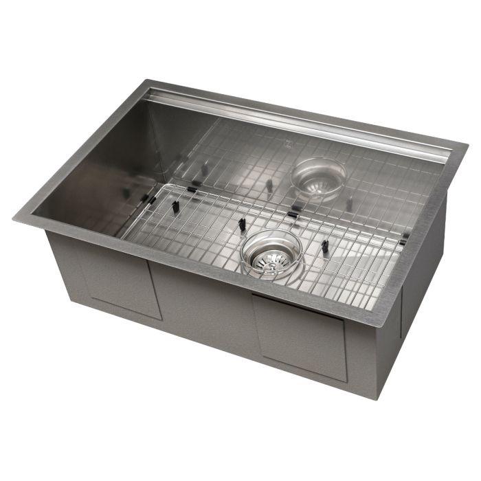 Single-bowl stainless steel kitchen sink with bottom grid and drain assembly