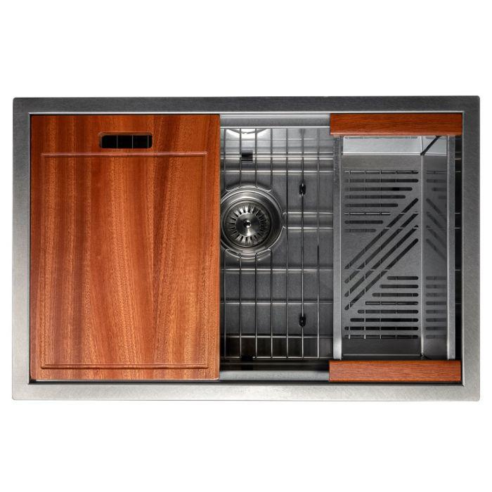 Undermount stainless steel sink with grid, drain, and protective accessories