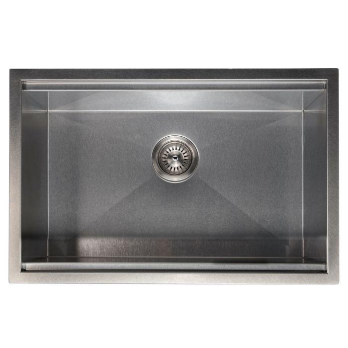 Stainless steel single-bowl undermount kitchen sink with circular drain strainer