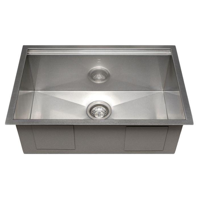 Single-bowl stainless steel undermount kitchen sink with two drain openings