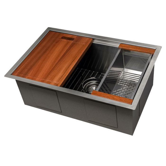 Stainless steel kitchen sink with wood cutting board insert and side accessory rack