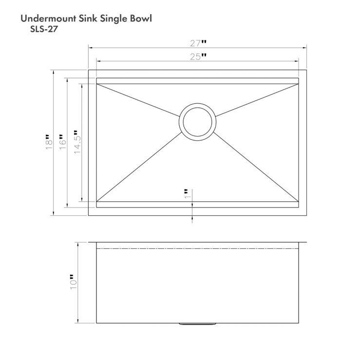 Undermount single-bowl sink diagram with 27-inch width and height measurements