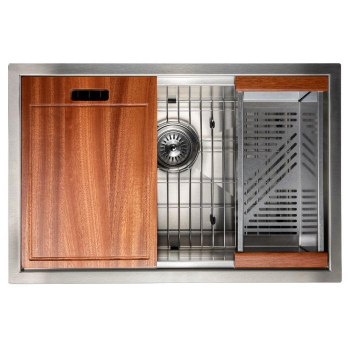 Stainless steel sink with wood cutting board inserts, grid, and drain strainer