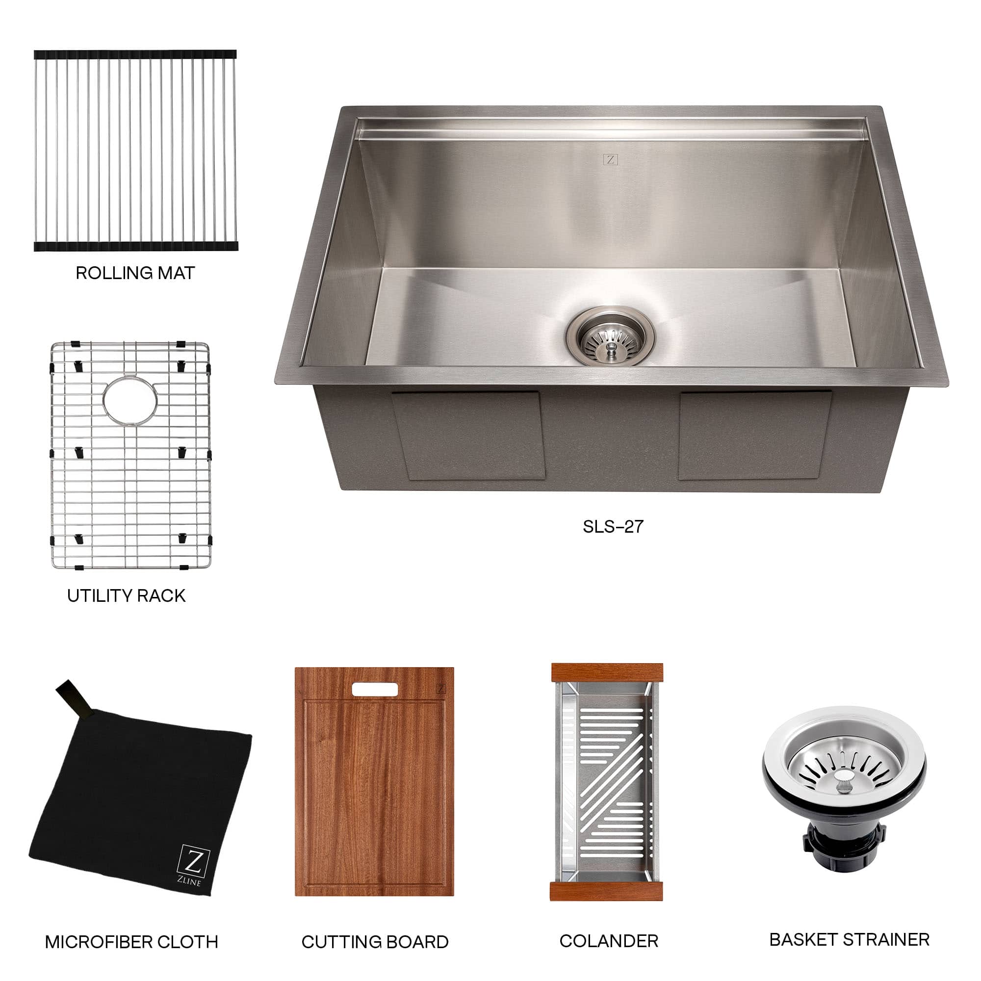 Stainless steel sink with included accessories like cutting board, colander, and strainer