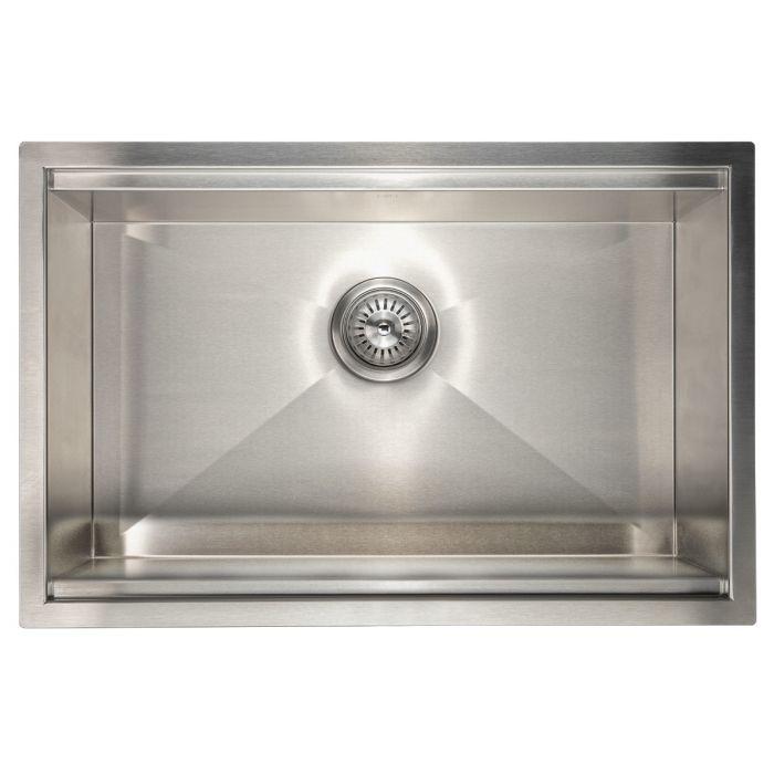 Rectangular stainless steel single-bowl kitchen sink with center drain opening