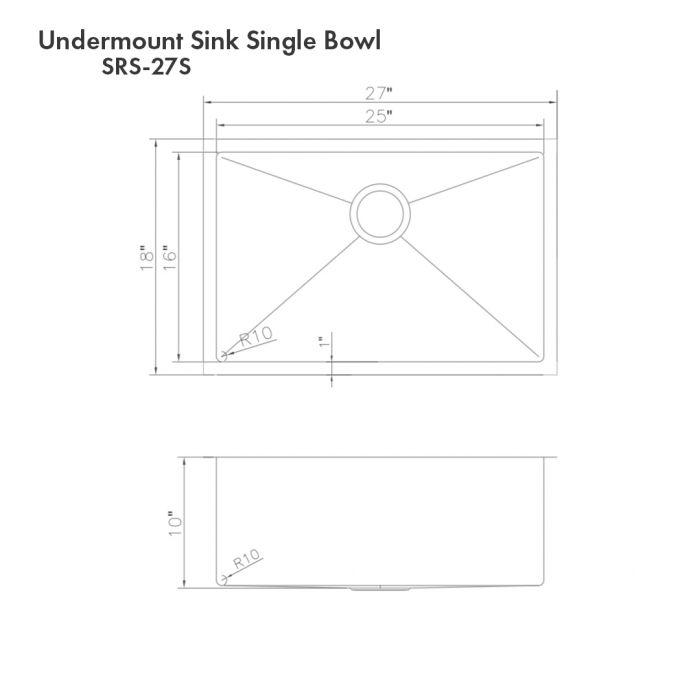 Undermount single-bowl stainless steel sink size diagram with drain center
