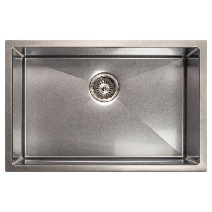 Stainless steel single-bowl undermount kitchen sink with centered drain and rectangular basin