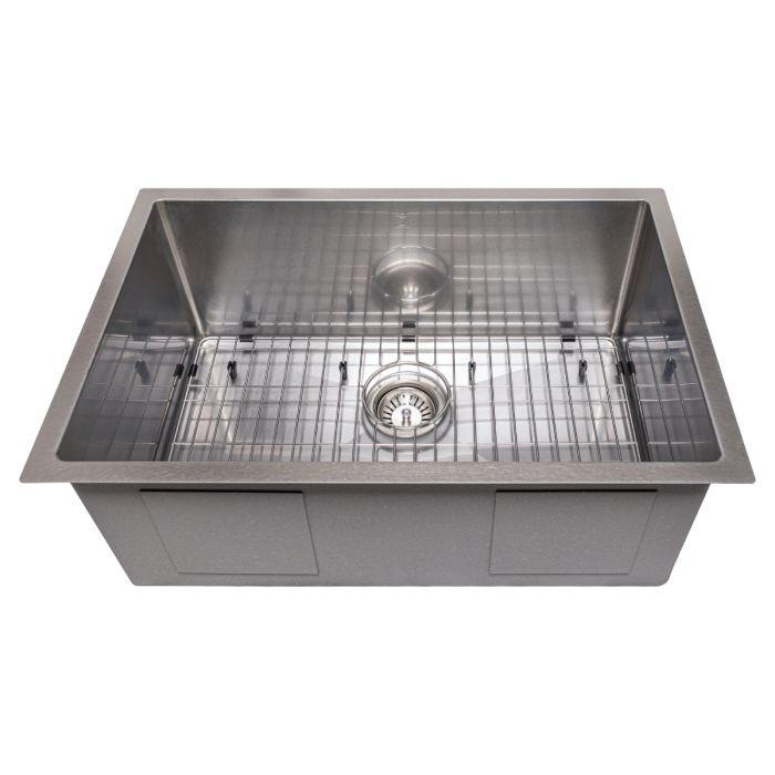 Stainless steel undermount single-bowl sink with bottom grid and drain assembly