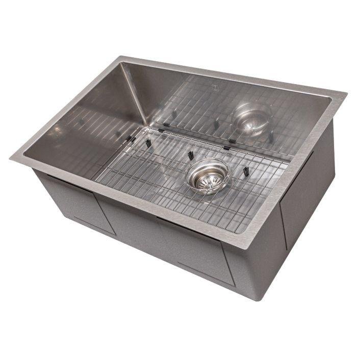 Stainless steel single-bowl kitchen sink with bottom grid and two drain openings