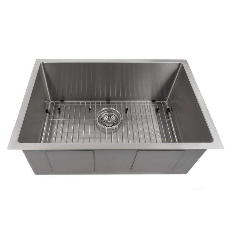 Stainless steel single-bowl kitchen sink with bottom grid and round drain strainer