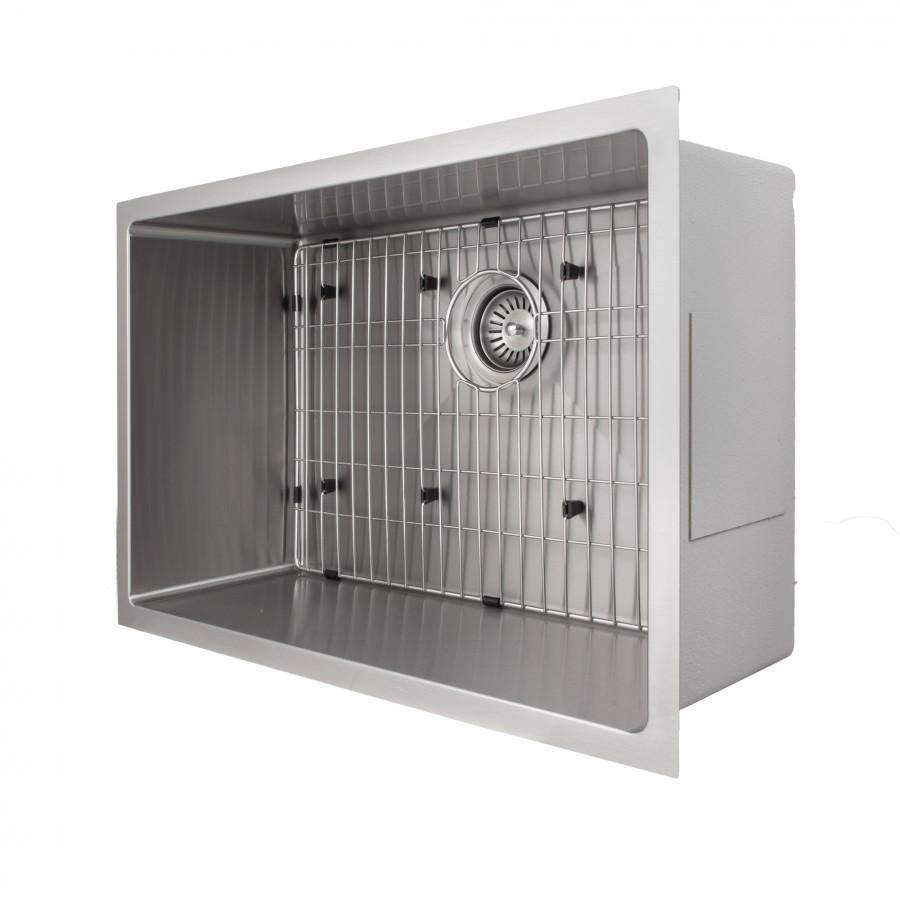 Stainless steel single-bowl kitchen sink with bottom grid and undermount mounting flange