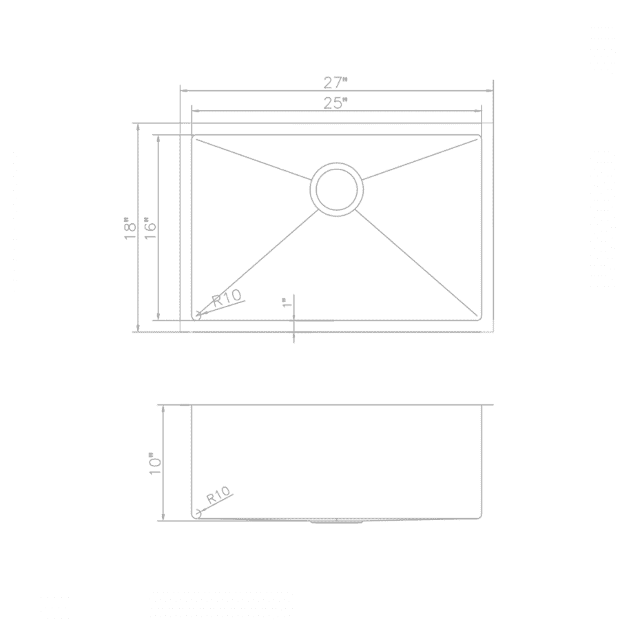 Stainless steel single-bowl kitchen sink with round drain and corner radius cutout