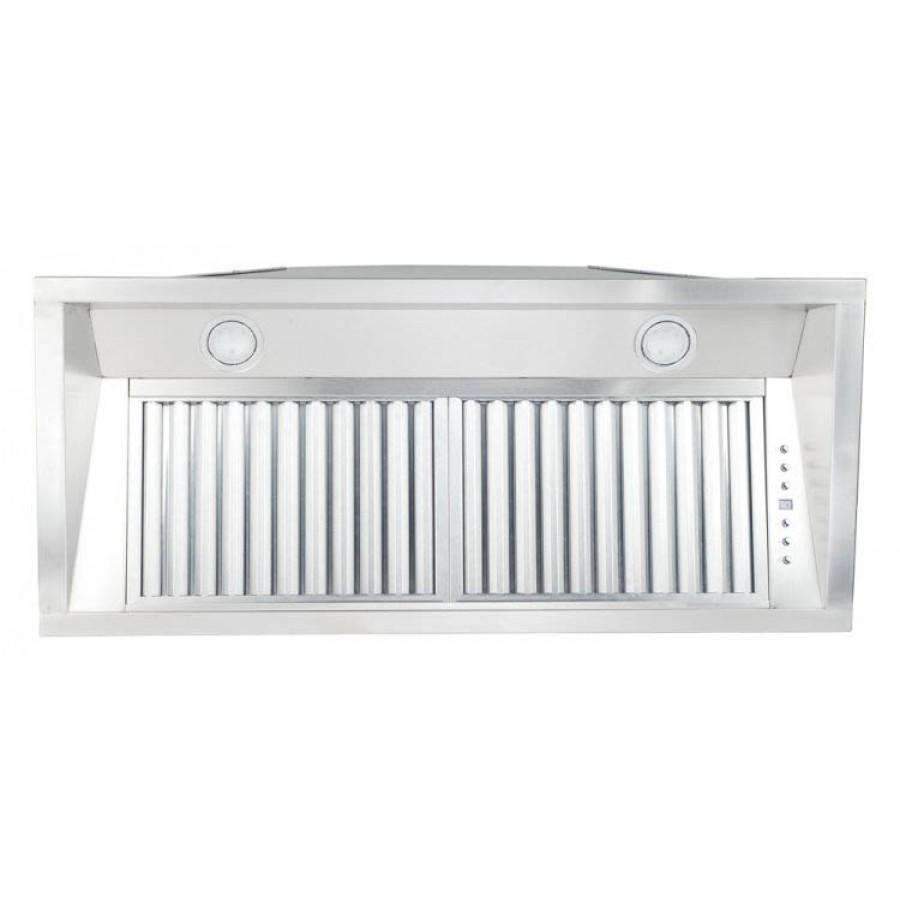 Stainless steel range hood insert front panel with vent grille and two circular lights