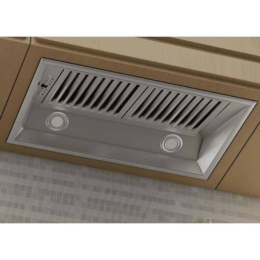 Stainless steel ducted remote blower range hood insert in cabinet with vent grille